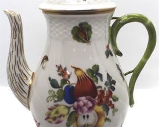 1024 - Herend Fruits & Flowers coffeepot with lid - as is 10" tall part of handle broken, chip on inside of lid