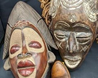 Owner states that these three beautifully hand crafted masks were hand carried back from Africa. Large one on left: 14"x8"x7.5" Large one on right:15"x8"x5" Small one: 5"x2.5"x1"

https://ctbids.com/#!/description/share/752922