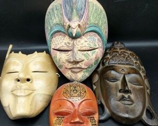 These beautifully created masks were purchased by owner at Ten Thousand Villages. Light wood:9.5"x6"x3" Bird Floral: 8"x6.5"x4" Red: 6"x4"x2" Dark wood: 11"x6"x2" https://ctbids.com/#!/description/share/752920