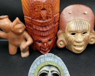 Hand created artworks from Mexico and Cental America. Left (Mexico, ceramic): 8"x7"x5" Center back (Mexico, Mayan, wood): 11"x7"x4" Right (El Salvador, Pier One, ceramic): 10"x8"x2.5" Center Front (Mexico, Aztec, stone): 6"x6.5"x3" https://ctbids.com/#!/description/share/752918
