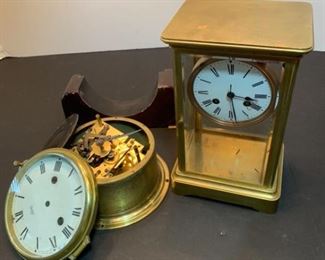 Two sets of mixed clock parts. Both feature brass components but neither are in working order. Glass clock case is hinged on both sides allowing easy access to both sides of any clock being placed inside it.

https://ctbids.com/#!/description/share/753065