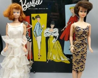 This travel closet from 1961 is in great shape. The set includes Barbie and Midge with lots of hand made and hand knitted clothing. Barbie has 1958 Mattel Pat. Pending on tush. Midge has 1960 or 1962 possibly but hard to read and Barbie 1958 by Mattel.

https://ctbids.com/#!/description/share/752912