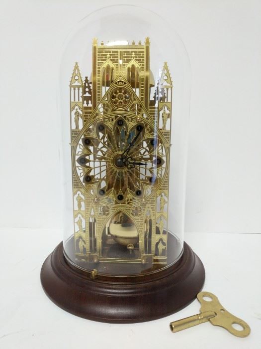 Beautiful Hermle skeleton clock manufactured in West Germany and dated 1984. Clock sits under a glass globe and includes crank key and working pendulum.

https://ctbids.com/#!/description/share/753057