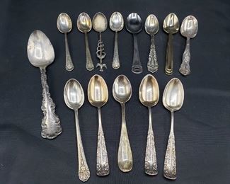14 spoons measure between 4-6"L. There are some stainless pieces and a couple sterling pieces, Arthur Stuart, Towle and Rogers Brothers.

https://ctbids.com/#!/description/share/752840