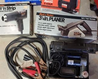 Various Electric Operated Tools, Heat & Strip Gun, Electric Staple Gun, 3/4 Inch Planer, 1/3 HP Variable Jigsaw, Set Of Jumper Cables, Small Car Tire Air Compressor.

https://ctbids.com/#!/description/share/753012