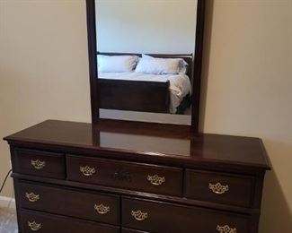 Beautiful bureau with mirror stands 32" tall, 18" deep and 58" wide. With the mirror it is 78" tall. The mirror itself is 46" tall and 29" wide. It has 5 large drawers and 2 small. It is a very heavy piece and located upstairs.

https://ctbids.com/#!/description/share/752832