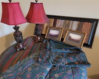https://ctbids.com/#!/description/share/752831 Leave the decorating to us! The quilt is a king size reversable heavy blanket. There are 2 matching reversible long window panels. The lamps are 25" tall and both work. They match but the shades are 2 different shapes. The big picture is 16" x 40" wide. The two small photographs are 11" x 9" wide.

