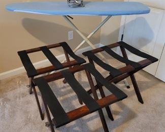 Sunbeam iron, ironing board is a foldaway board for easy storage. When unfolded it can stand as high as 35" tall. The platform it’s self is 54" long and 15" wide. There are 3 folding luggage stands. They are 21" tall, 20" x 18" wide.

https://ctbids.com/#!/description/share/752830