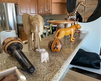 Various wood carved animals and decor