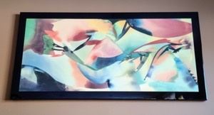 “Inside Out Umbrellas” Print By Peter Kitchell. Beautiful piece has some light scratches on the frame as pictured. Measures 31” x 63”.