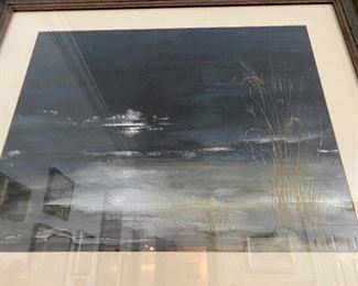 Lot 40: $145- Bad picture of a lovely watercolor of the beach at night 29-1/2" x 35" framed, will upgrade photo asap