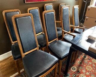 Lot 22: $600- 8 Henredon dining chairs, 6 side chairs and 2 arm chairs. Oak frames and  upholstery, not leather