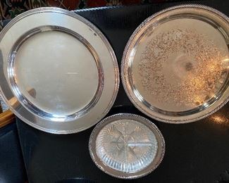 3 silver plated trays-Castleton #671-12'3/8", Concord #6455 14" and small one with divided glass insert 9"