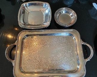 Lot 66: $45- Lot of silver plated tray with handles S.F. Co. 15-1/2" x 11-1/2", Reed and Barton 1020 Shannon bowl 8-5/8", and Reed and Barton 6" round bowl