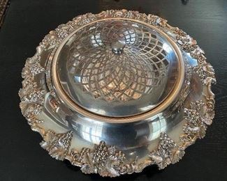 Lot 68: $45- Large silver plated flower bowl and frog 13-1/2" marked 015