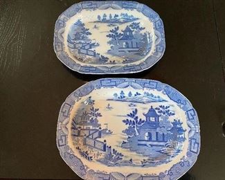 Lot 73: $500- Pair of Davenport platters dated late 18th century. 16-1/4" x 12" and 14-1/2" x 10-7/8"