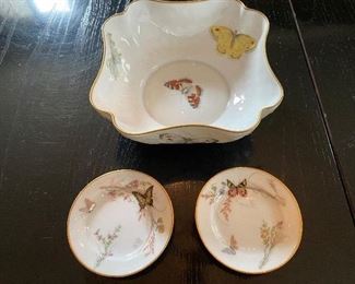 Lot 76: $20-  Limoges butterfly bowl 7" Bernardaud & Co. and 2 unmarked butterfly butter pats