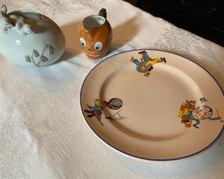 Lot 80: $28- Lot of chicks on vase 3-3/4"H, pumpkin pitcher 2-1/2"H and nursery rhyme plate 7-1/4"