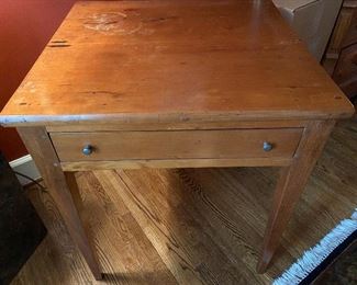 Lot 5: $125- One drawer table. 27-1/2"H x 23-1/2"W x 22-1/4"D. Some damage to finish on top