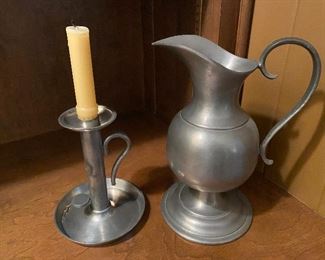 Lot 100: $60- Pewter candlestick 6-1/2" and Pitcher 10"