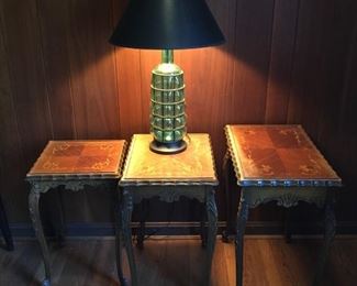 Stacking table and glass lamp.