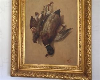 Pair of Trompe L'Oeill Still Life of Game Birds - each signed with monogram signature and dated 1880. Oil on Panel, 20 x 16 inches.