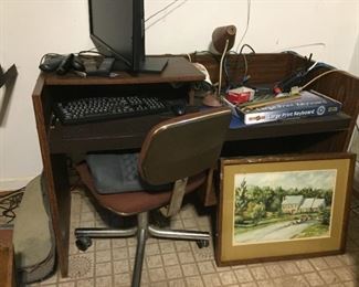 Desk, office chair and office equipment.