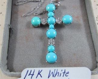 14K White Gold Cross w/Turquoise & Diamonds Necklace