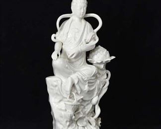 White Ceramic Seated Goddess Statuette With Lotus