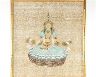 Large Framed Ink On Textile Buddha Art