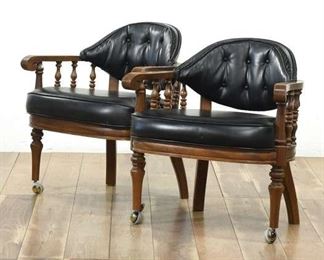 Pair Of Vintage Black Vinyl Tufted Backrest Arm Chairs