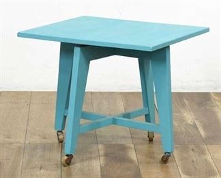 Vintage Aqua Painted Wood Lazy Susan Table On Wheels