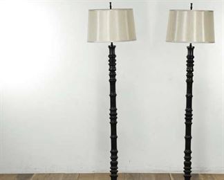Pair Of Modern Metal Bamboo Style Lamps W/ Shades