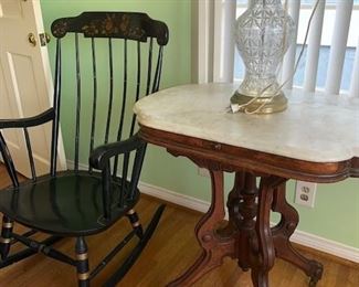 Antique Rocking Chair by Nichols and Stone and Marble Top Side Table