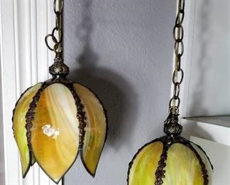 2 Vintage Green and Yellow Slag Glass Hanging Tulip Lamp 6 Paneland Floral Design
