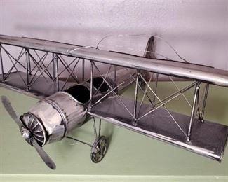 Metal Vintage Airplane Model Aviation BiPlane Decor Silver