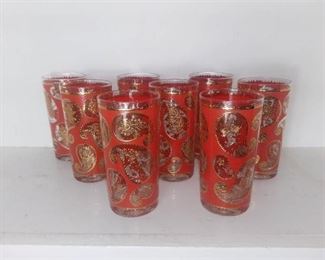 Lot Of 8 Vintage Tumbler Drinking Glasses - Red Paisley with Gilded Accents