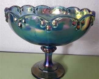Vintage Fruit Bowl Indiana Glass Iridescent Blue Carnival Garland Pedestal