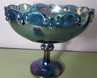 Vintage Fruit Bowl Indiana Glass Iridescent Blue Carnival Garland Pedestal