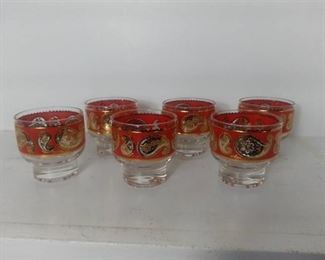Lot Of 6 Culver Footed Rocks Glasses - Red Paisley Gilded Accents