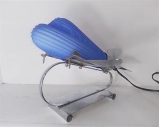 Matte Blue Glass Airplane With Metal Base Table Top Night Light