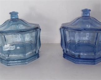 Lot Of 2 Sky Blue Glass Candy Dishes With Lids