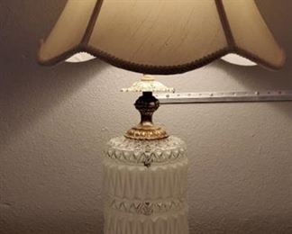 Vintage Fogged and Clear Glass Lamp with Intricate Metal Base. Tested amd Working