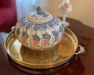Brass tray & lided jar