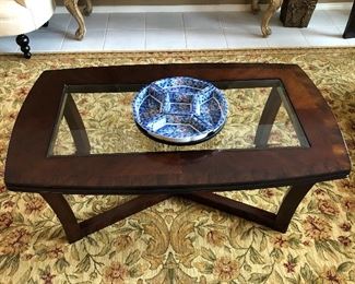Glass Inlay Dark Wood Modern Coffee Table
