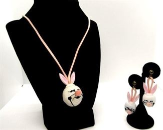 2094 - Matching Rabbit Jingle Bell Necklace & Earrings 30" No backs 