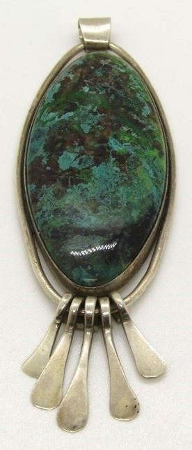 2126 - Sterling & Turquoise Pendant 3 1/2 x 1 1/4 