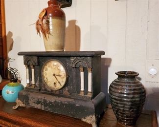 Modern pottery and antique clock