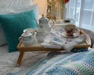 Bed tray, hand crocheted afghans, tea service