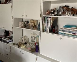 Bookcase, drop front desk, cabinet units